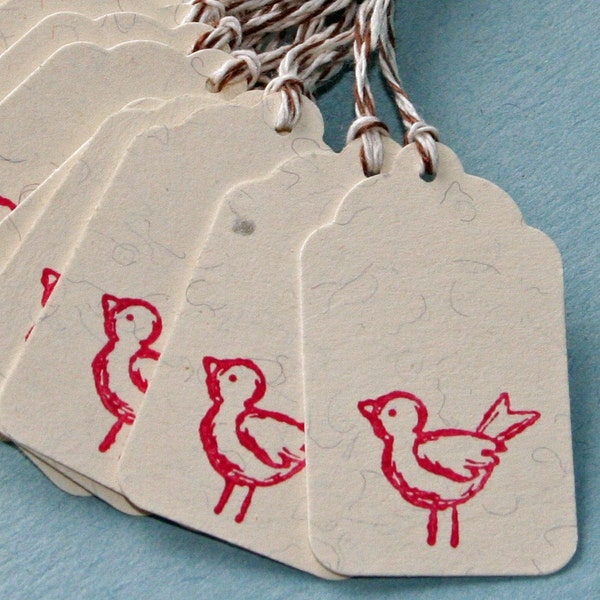 25 Red Bird Tags with Brown Bakers Twine