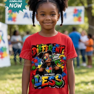 Könnte beinhalten: Ein junges Mädchen trägt ein rotes T-Shirt mit dem Schriftzug "DIFFERENT not LESS" in farbenfrohem Graffiti-Stil. Das Shirt zeigt eine Illustration einer Person mit Sonnenbrille mit Puzzleteil-Gläsern. Das Shirt wirbt für das Bewusstsein für Autismus.