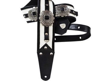 White Leather Concho Western Guitar Strap Heavy Metal Glam Punk Rock n Roll