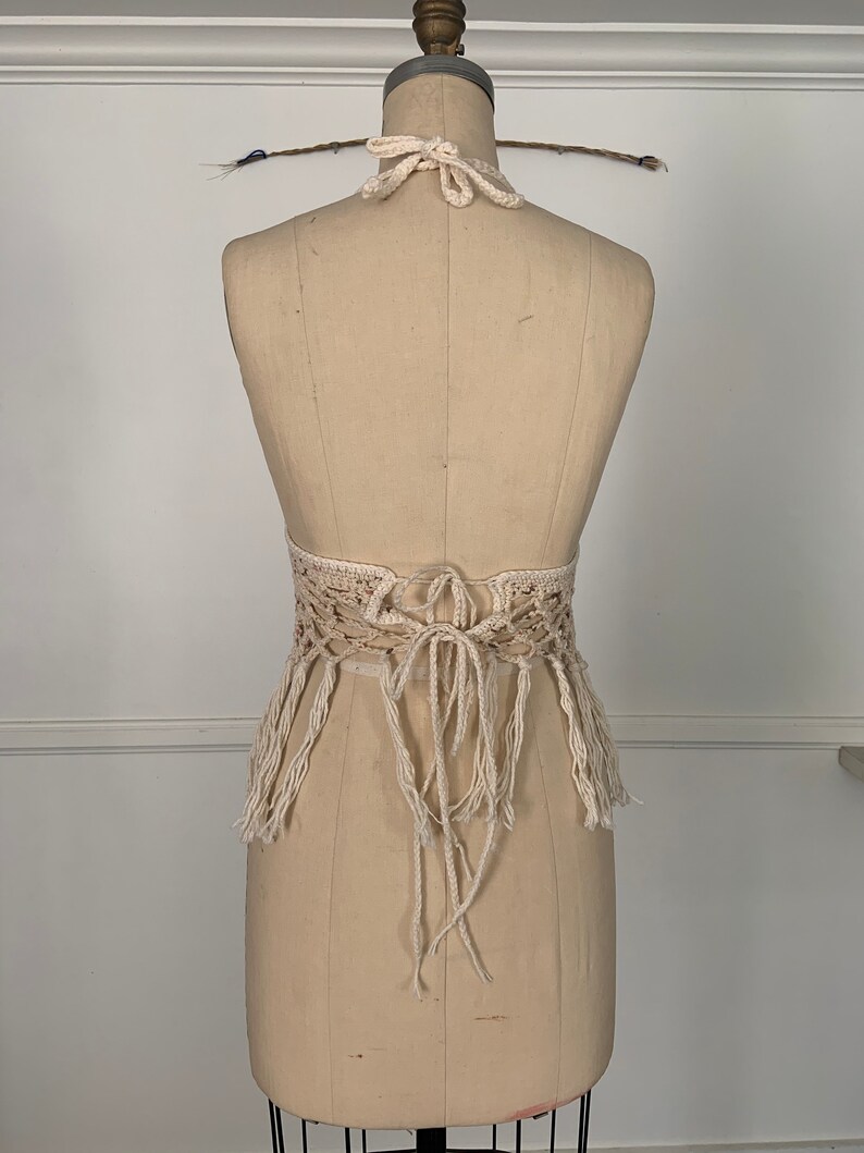 Crotchet Beige Hippie Rave Festival 60\u2018S 70\u2019s 90\u2019s Rock n Roll Festival Halter Top Small