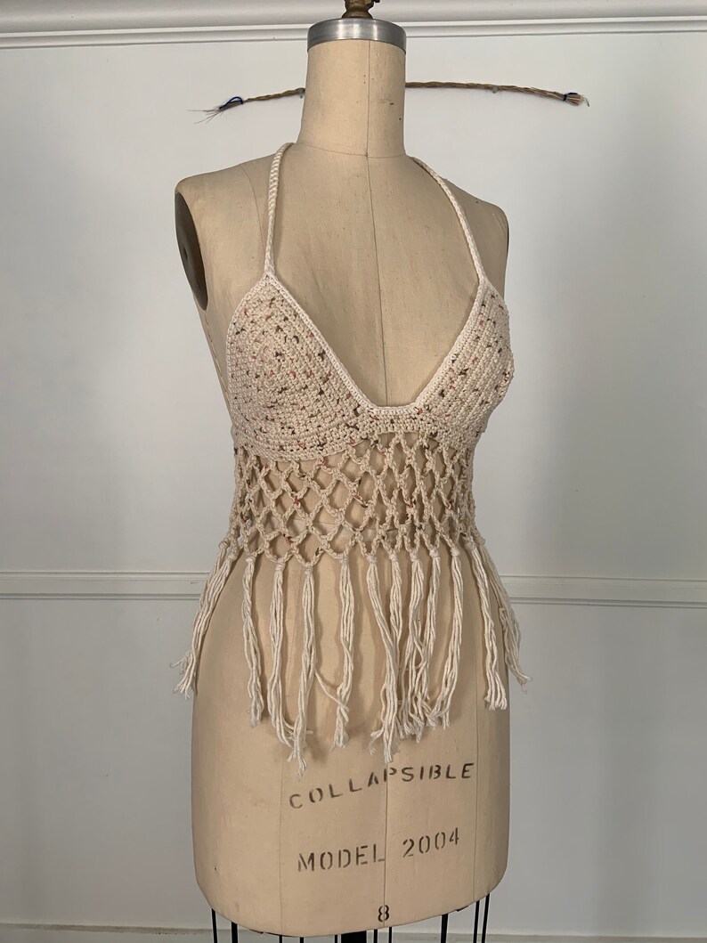 Crotchet Beige Hippie Rave Festival 60\u2018S 70\u2019s 90\u2019s Rock n Roll Festival Halter Top Small
