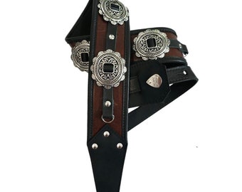 Brown Leather Concho Western Guitar Strap Heavy Metal Glam Punk Rock n Roll