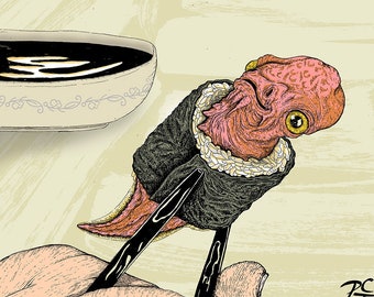 May include: Illustration of an octopus sushi roll held by chopsticks. The octopus has a pinkish-orange head and is wrapped in a dark seaweed roll. A small bowl of soy sauce is in the background. The artwork is framed in a light brown wooden frame.