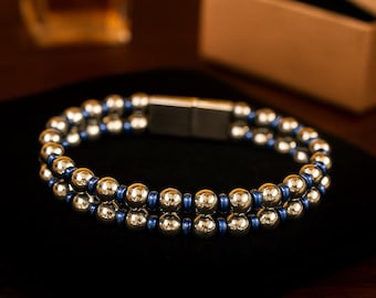 Herren Double-Layer Hämatit Armband Silber Blau | Edelstahl Magnetverschluss | Luxus Perlen Schmuck Geschenk für Ihn