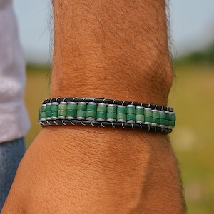 Groene aventurijn hematiet gevlochten leren armband, natuursteen herensieraden