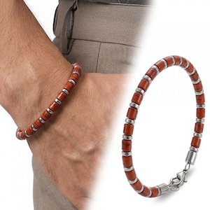 Armband met rode jaspis en zilveren hematietkralen – handgemaakte natuursteensieraden, verstelbaar uniseks cadeau voor hem of haar, helende energie