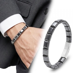 Square Hematite Stone Bracelet: Adjustable Steel Rope Clip