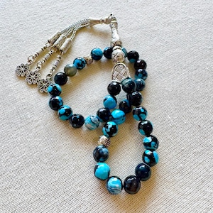 REAL Blue Tiger Eye Stone Islamic Prayer 33 Beads, Misbaha, Tasbeeh, Sibha, Rosary, Tasbih 33, Eid gift, Tasbih Customized, Big Size 8mm