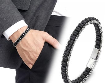 Onyx Gemstone Bracelet for Men, Stainless Steel, Black Stone Silver Chain Bracelet, Luxury Gift, Men Jewelry