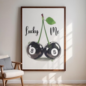 Vintage print met 8 ballen, Lucky Pool Ball-muurkunst, retro handgetekende poster, poster roze biljartpaar, trendy digitale prints, Vernon Designs
