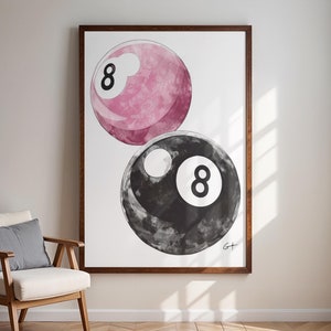 Vintage print met 8 ballen, Lucky Pool Ball-muurkunst, retro handgetekende poster, poster roze biljartpaar, trendy digitale prints, preppy poster