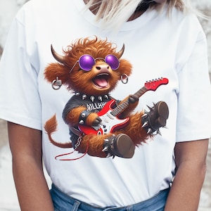 Conjunto de clipart de Rock n Roll de vacas Highland fofas – 5 PNGs de arte de vacas Highland para bebês, camisetas, canecas e muito mais – download digital de 300 DPI