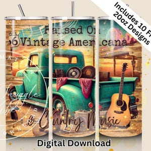 Vintage Americana Retro Truck 20 oz Skinny Tumbler Wrap PNG, Art du coucher du soleil de la Route 66, en relief sur la musique country téléchargement numérique Sublimation Wrap