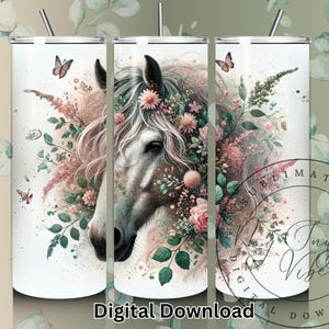 Vaso delgado de 20 oz con diseño floral primaveral de caballo, mariposa de acuarela PNG, envoltura floral bohemia, flores pastel, regalo para amantes de la equitación