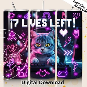 Neon Gamer Cat 20 Unzen Skinny Tumbler Wrap PNG | Ideal für Girl Gamer & Kawaii Fans, Geschenk für Gaming- und Streamer-Enthusiasten, Pixel Font Wraps
