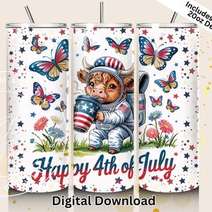 Vaso con diseño de doodle del 4 de julio, descarga digital PNG, envoltura de sublimación de vaca astronauta con mariposas y flores, diseño patriótico delgado de 20 oz