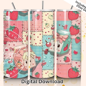 Embalagem para copo de leite com retalhos de morango, copo fino de 20 oz em formato PNG, design de copo de leite kawaii, download digital em tons pastéis sem emendas