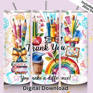 Merci professeur appréciation Tumbler PNG en téléchargement numérique – emballage pour sublimation de fournitures scolaires arc-en-ciel – conception de cadeau de fin d'année maigre 20 oz