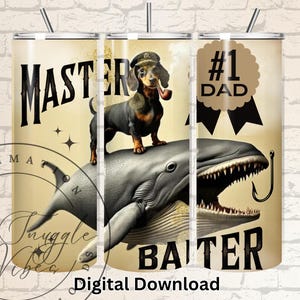 Vaso de pesca Master Baiter, divertido vaso delgado de 20 oz con sublimación PNG para el día del padre náutico, diseño de descarga digital de pescador de lubina