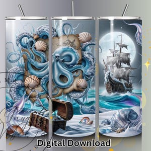 Juego de 2 envoltorios para vasos con forma de pulpo pirata místico, diseño de vaso delgado de sublimación de 20 oz con mapa del tesoro náutico, envoltura de barco fantasma nocturno PNG Art