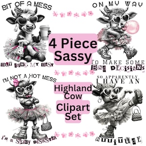 Apparemment, j'ai une attitude Bundle de cliparts vache Highland, ensemble de 4 pièces génisse impertinente, mauvaises décisions PNG à la mode pour sublimation et travaux manuels
