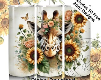 Giraffe Sunflower 20 oz Tumbler Sublimation Design: Boho Floral PNG (Digital Download)
