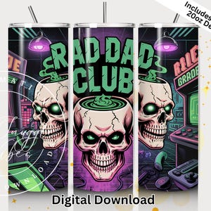 Rad Dad Club Tumbler PNG Digitaler Download, Gamer Schädel Sublimation Retro Arcade Style 20oz Skinny Tumbler Design, Geschenk für Gaming-Enthusiasten