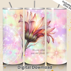 Emballage pour gobelet 20 oz Bloom Where You Are Planted Pastel Sparkle – Téléchargement numérique Yogi au format PNG pour une ambiance de bien-être, de calme, de positivité et de soin