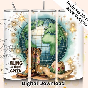 Stivali Bling & Going Green Tumbler Wrap, Earth Day Western Sublimation PNG per tumbler skinny da 20 once, stivali floreali, cappelli Cowgirl Eco Design