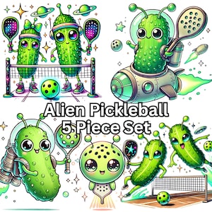 Ensemble de cliparts Pickleball extraterrestre, Pickle Ballin ' 5 PNG Designs Pickle Aliens mignons, Pickleball Sublimation graphiques téléchargement numérique pagaie mignonne