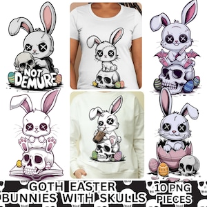 Puede incluir: Una colección de diseños de conejitos de Pascua góticos con calaveras. Los conejitos son blancos con detalles cosidos y ojos en forma de cruz. Los diseños incluyen el texto "NOT DEMURE" y "GOTH EASTER BUNNIES WITH SKULLS".