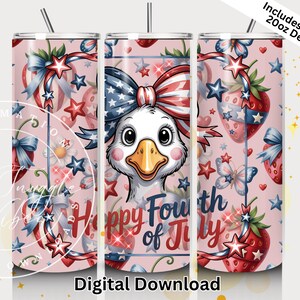 Descarga digital PNG de vaso del 4 de julio: diseño de sublimación de "Coquette Silly Goose" con fresas y garabatos. Envoltorio delgado para vaso de 20 oz.