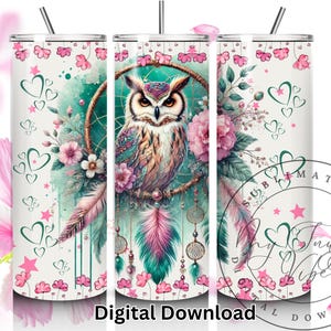 Dreamcatcher Owl Floral Tumbler Wrap, 20oz Skinny Tumbler PNG, Boho Owl & Flowers, Rosa e Azul-petróleo Moderno Primavera Soft Girl Estética Arte