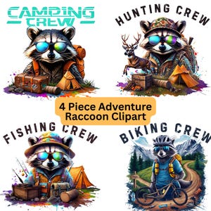 Set di clipart di procioni d'avventura / Pacchetto PNG da 4 pezzi per campeggio, caccia, pesca e ciclismo per sublimazione e artigianato all'aperto / 300 DPI digitale
