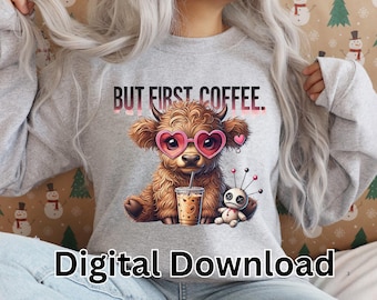 Trending Highland Cow, Coffee Lover Valentine Voodoo Doll PNG Digital Download, Cute Sublimation Art: Sweatshirts, Mugs, Crafting Projects