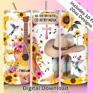 Gobelet papier peint à motif foi et musique country 20 oz skinny | Religion Tournesols en téléchargement numérique PNG | Châle western floral chrétien