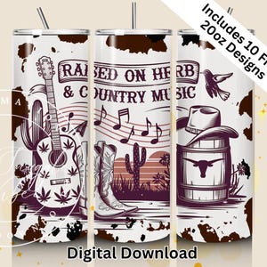Rehaussé d'emballage pour verre aux herbes et musique country, emballage de verre Western 20 oz, cow-girl rustique 20 oz Skinny Tumbler Png, agriculteur numérique téléchargement PNG