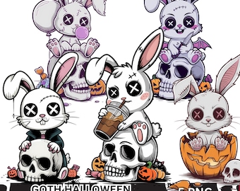 Goth Halloween Bunny PNG Set: Spooky Kawaii Clipart (Dark Backgrounds Only) (Digital Download)