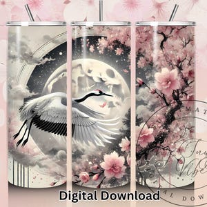 Copo de 20 onças PNG Design de sublimação de flores de cerejeira com guindaste, arte oriental de flores de sakura ao luar, download digital de inspiração japonesa