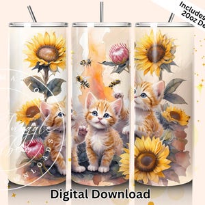 Vaso envolvente con diseño de gatito, girasol y protea (PNG) / Sublimación de vaso con diseño floral de abeja y gato / Descarga digital de vaso delgado de 20 oz con diseño floral natural