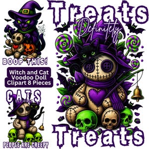 May include: A digital illustration featuring a witch-themed design with a black cat, voodoo doll, and skulls. The color palette includes purple, green, and tan. The text includes "Treats" and "Boop This!"