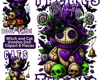 Peut inclure: Illustration numérique sur le thème d'Halloween avec un chat noir, une poupée vaudou et des crânes. Le design utilise des couleurs violettes, vertes et beiges. Le texte comprend "Treats" et "Boop This!"
