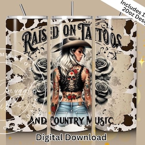 Cowgirl audacieuse, tête de mort, rose, vache impression citation 20 oz skinny gobelet Wrap PNG, tatouages & musique country téléchargement numérique sublimation wrap