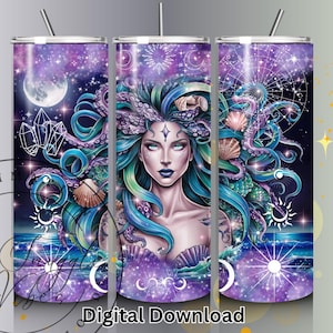 Mystische Sea Witch Tumbler Wrap, Himmlische Sirene Ocean 20 Unze Skinny Sublimationsbecher Design, Night Beach Seashell Mermaid Wrap PNG Art