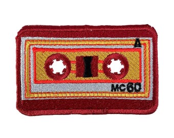Burgundy "Ramhorn" Microcassette Embroidered Patch 80's Mini Audio Cassette Tape Iron-on