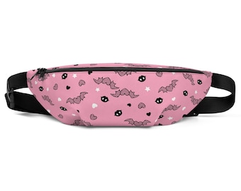 Pink Bat Fanny Pack – Cute Gothic Waist Bag with Bats, Hearts & Vampire Lips | Pastel Goth Belt Bag | Halloween Aesthetic Bag