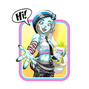 May include: A sticker featuring a cartoon character with blue skin, black and white hair, and mismatched eyes. The character is holding a clipboard that says "Welcome Meeting". A speech bubble above the character says "Hi!"