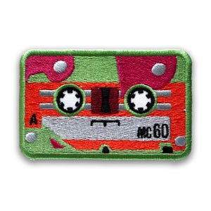 Micro Cassette Embroidered Patch: Green and Orange, Iron-on/Velcro; Mini Audio Tape Slugfest