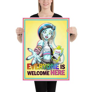 May include: A poster featuring a cartoon character with blue skin, wearing a black and white outfit, and a black tie. The poster has the text "EVERYONE IS WELCOME HERE" in colorful letters. The character is holding a clipboard that says "Welcome Home".