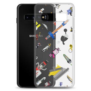 May include: A white phone case with a colorful pattern of various cartoon weapons and objects. The case is designed for a Samsung phone.